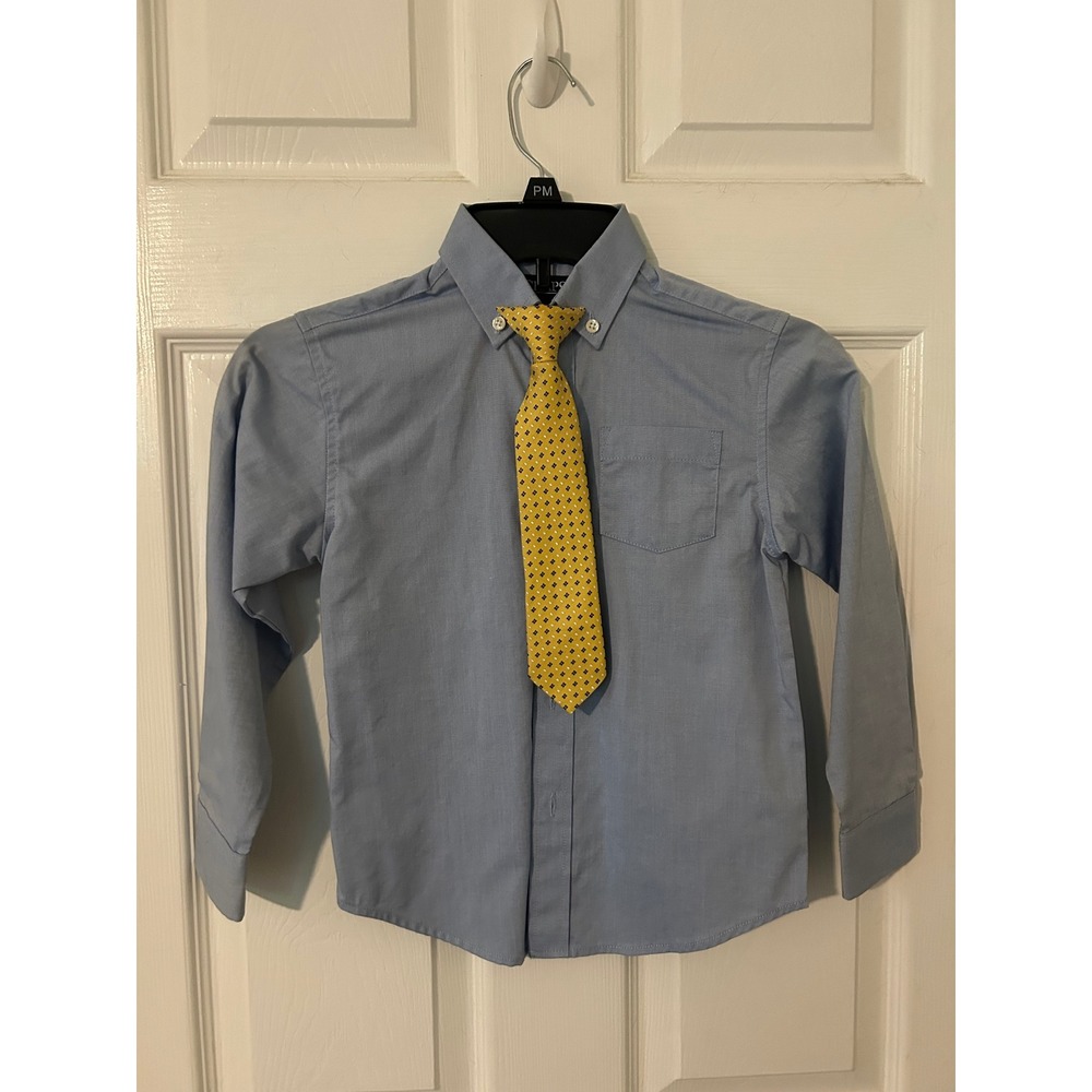 Chaps Boys Light Blue Long Sleeve Button Down Dress Shirt with Yellow Tie Size 6